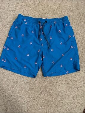 Men's Blue Swim Trunks with Pink Anchor Print
